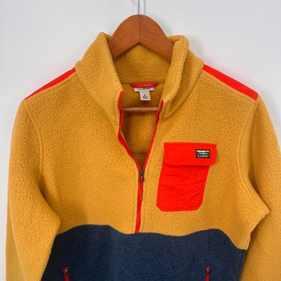 LL BEAN Ws Sweater Fleece Sherpa Colorblock Hybrid Pullover Navy Yellow Red // L - Picture 2 of 9